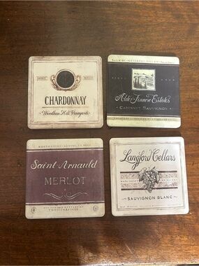 Wine Label Square Coasters Set - Neutral Brown & Cream